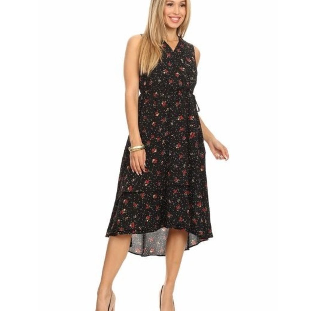 Black Floral Sleeveless Hi Lo Midi Dress Made USA v103